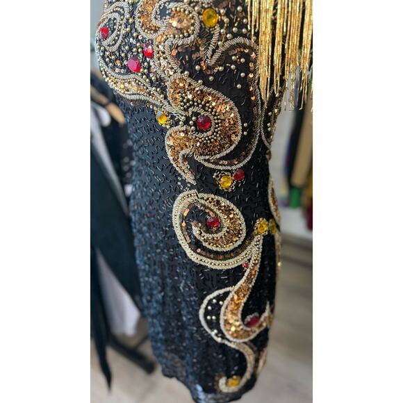 Vintage Ornate Fringe Beaded Cocktail Black Gold Embellished Party Dress Size 4 - Picture 10 of 16
